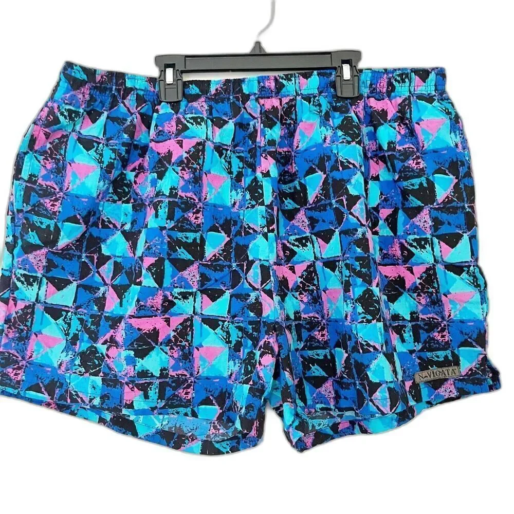 Vtg Navigata Bugle Boy Mens XL Swim Shorts Trunks Black Pink Blue 4” Inseam